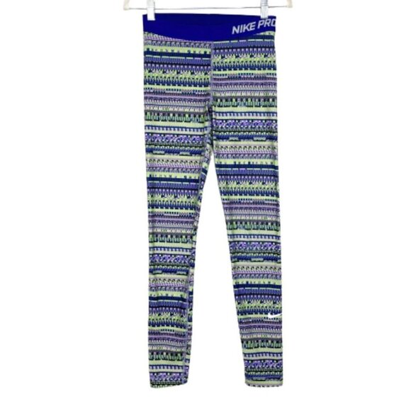 Nike Pro Warm Leggings Womens Size Medium Purple Green Stripe Lined Base Layer - Picture 1 of 9